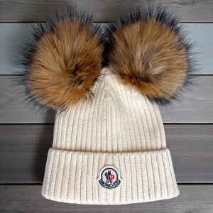 Moncler Cream Beanie with Brown Pom-Poms